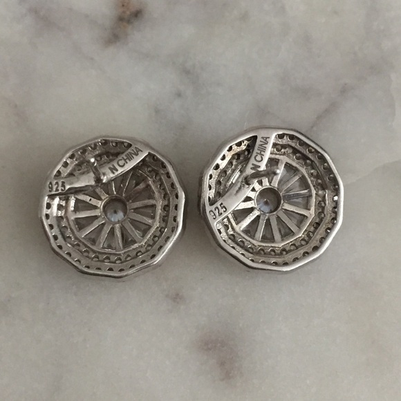 STERLING Silver & White CZ Brilliant Sparkly Mosaic Stud Earrings Bridal 16mm - Picture 8 of 9